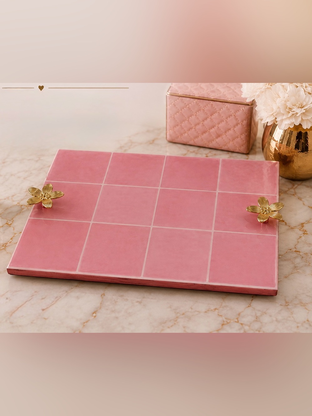 Pink Faux Tile Decorative Vanity Tray 16x12 Gold Flower Handles